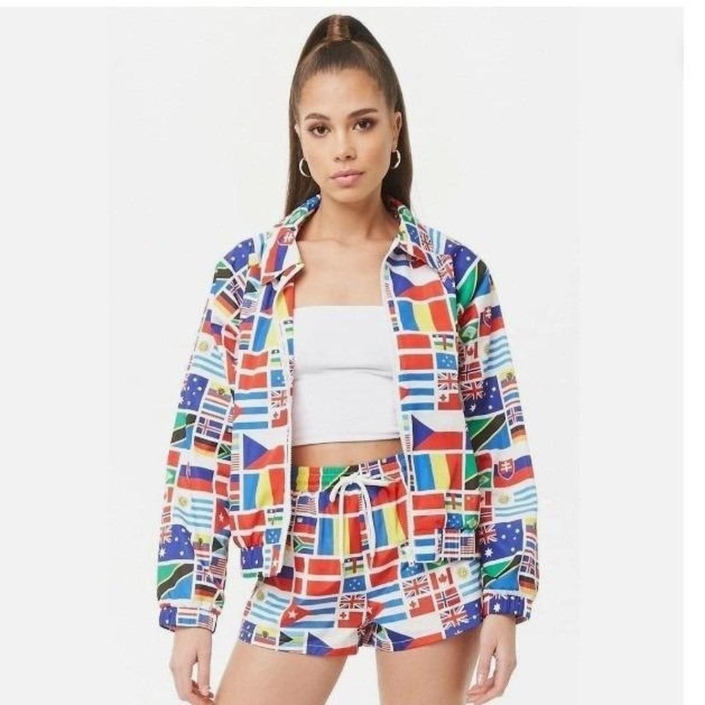 NWT RARE World Flag Print Windbreaker Jacket Track Coat Women Size S